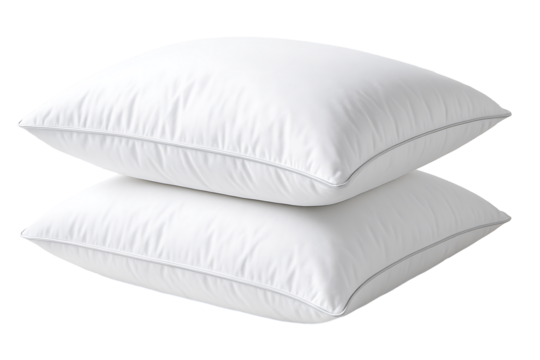 Soft white pillows with stitched piping detail, plush support for restful sleep, studio lighting