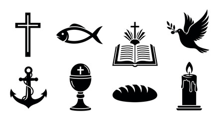 Black silhouette icons representing christian symbols, including a cross, fish, open bible, dove, anchor, chalice, bread, and candle.