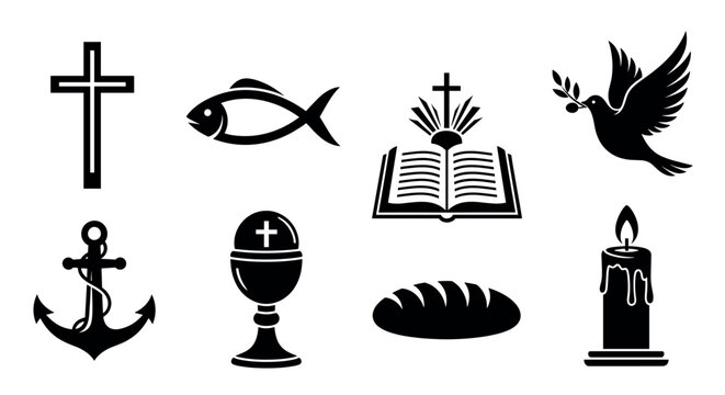 Black silhouette icons representing christian symbols, including a cross, fish, open bible, dove, anchor, chalice, bread, and candle.