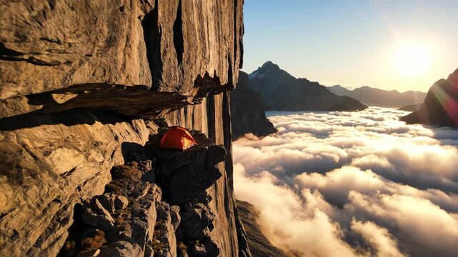 Orange camping tent on a narrow rocky ledge high on a sheer mountain cliff, offering an extreme adventure experience with a breathtaking view of a cloud inversion and sunrise
