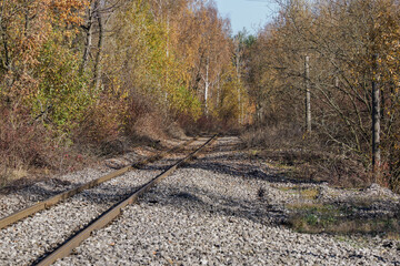 Old unused railway tracks among trees in autumn colors.
