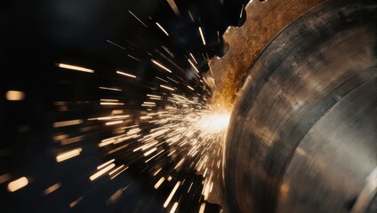 Close-up of a grinding wheel with sparks flying in the dark.