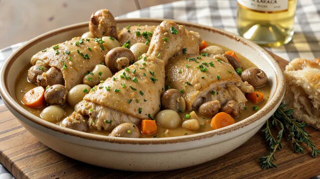 Chicken Coq au Vin is presented in a ceramic dish, accompanied by a piece of crusty bread.