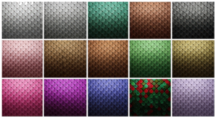Collection of dragon scales textures in various colors and seamless patterns