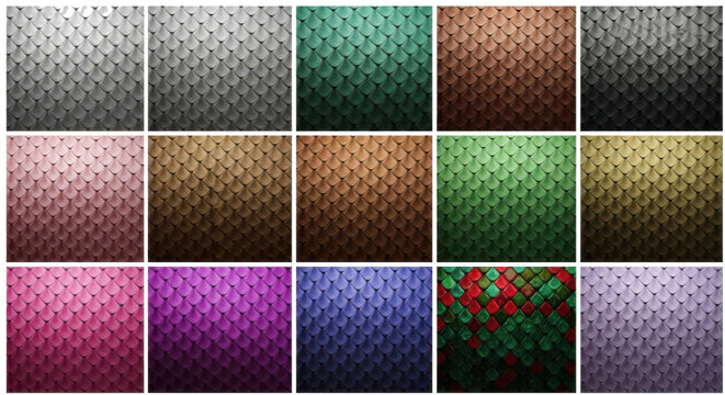Collection of dragon scales textures in various colors and seamless patterns