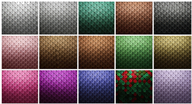 Collection of dragon scales textures in various colors and seamless patterns