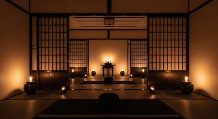 Serene traditional Japanese room interior illuminated by warm candlelight, creating a peaceful and spiritual meditation space for contemplation