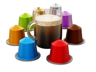 Coffee capsules and mug on transparent background. 3D illustration