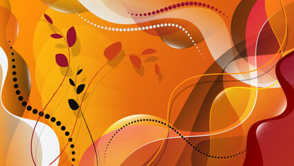 Beautiful art background in fiery tones. Smooth branches with leaves against a background of intertwined lines, wavy stripes, and flowing shapes. A template for your projects.