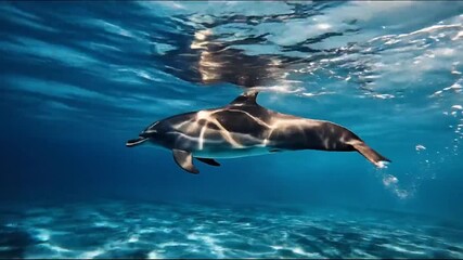 Majestic dolphin gliding through the sunlit turquoise sea, its reflection shimmering on the water's surface from below