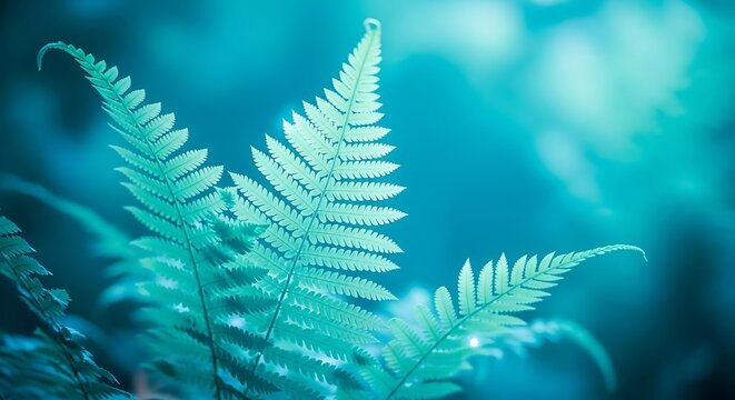Close-up of vibrant turquoise fern leaves against a soft blue bokeh backdrop - Powered by Adobe