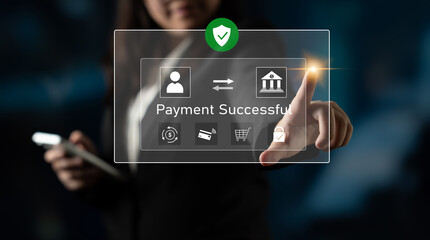 Successful transaction message showing secure payment. Payment confirmed, secured, payment processed, and payment completed with trust and transaction integrity. Latch