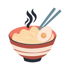 A bowl of ramen with steaming broth, chopsticks, and noodles, a popular dish of traditional japanese cuisine in flat vector illustration