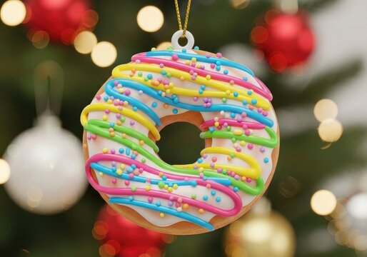 Christmas Food Concept Colorful donut ornament hangs on branch of evergreen tree embodying playful spirit of winter season within festive holiday backdrop