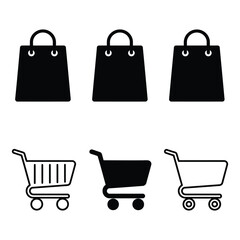 Red metal shopping cart, bag, and basket icons set for e-commerce, retail, and market business