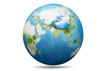 Naklejka premium Isolated 3D illustration of the blue and green Earth globe, showing continents like Europe, Asia, and America, on a clean white background, symbolizing global geography and travel