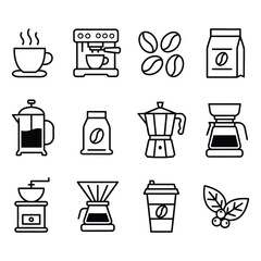 Vector icon set illustrating various black and white beverage designs including coffee, tea, espresso, mug, cup, glass, and cocktail symbols for cafe and restaurant menus