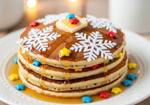 Christmas Food Concept Stacked pancakes adorned with syrup snowflakes and star candies present sweet treat on white plate reflecting breakfast delight