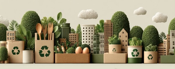 Eco friendly cityscape built from cardboard and plants, featuring recycling icons and lush greenery