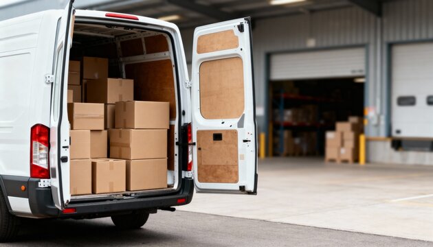 White delivery van with open doors full of stacked boxes parked at a commercial warehouse loading bay.