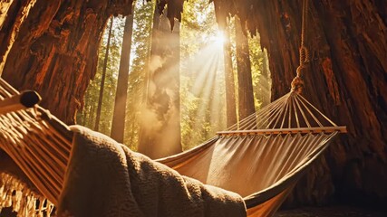 Hammock hanging between textured tree trunks, creating a cozy and inviting hideout within a sunlit forest, emphasizing concepts of tranquility, relaxation, and nature immersion