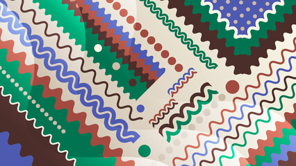 Colorful art background with wavy stripes and shapes. Abstract composition of overlapping smooth shapes, stripes, and art elements. A template for your projects.