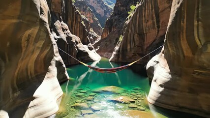 Colorful hammock creating an exciting highline over a calm turquoise river winding through a deep slot canyon, offering a unique perspective of remote natural beauty and adventure