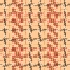 Crosshatched plaid pattern in the colors sand, black, reddish brown, autumn orange, gold, ruby ​​red, and white.