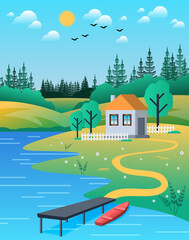 Cute rural summer landscape. A small house with a garden and fence by a river against the backdrop of a pine forest, sky with sun, clouds, and flying birds. 