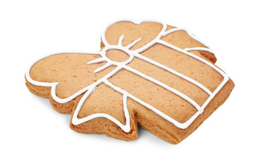 Tasty gingerbread cookie in shape of gift box isolated on white. Christmas treat