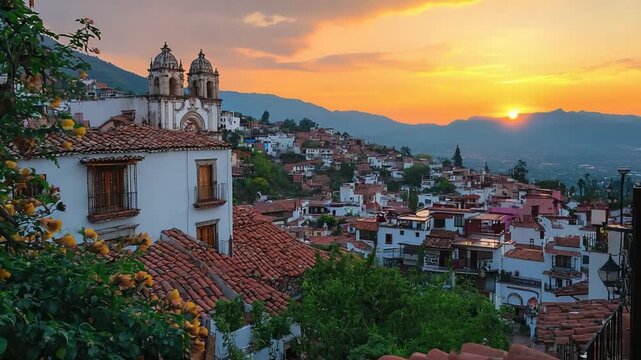 taxco city at sunset, mexican landscpae video timelapse