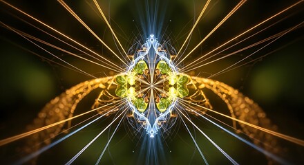 Abstract symmetrical vibrant light rays creating a glowing energy pattern.