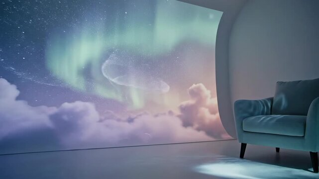 A serene room interior features a dynamic projection of an aurora borealis with a jellyfish illuminating the sky