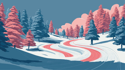 Flat vector of sleigh tracks winding through snowy pine forest, peaceful winter landscape for Christmas packaging, holiday decor or seasonal poster, clean bold composition