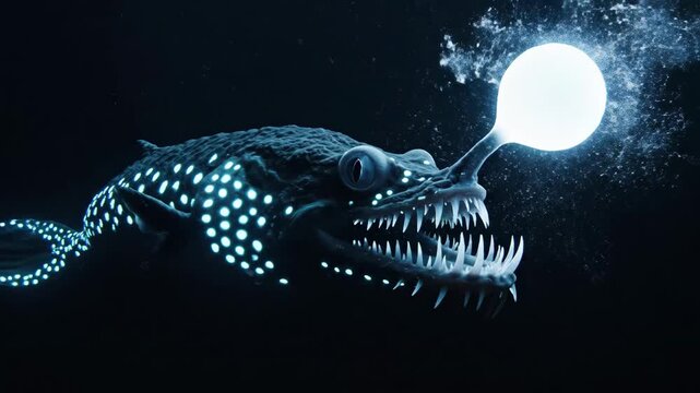 Predatory deep sea anglerfish swims through the dark ocean, using its glowing bioluminescent lure and sharp teeth to attract and capture prey in the marine abyss