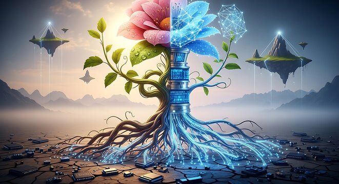 Hybrid tree: nature and technology merge in a digital desert landscape scene. - Powered by Adobe