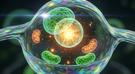 Microscopic life forms inside transparent membrane structure, active cellular activity