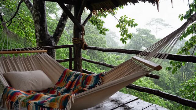 Hammock with a colorful blanket and pillow hanging on a rustic wooden treehouse balcony overlooking a lush green rainforest receiving steady rain, creating a peaceful and cozy retreat