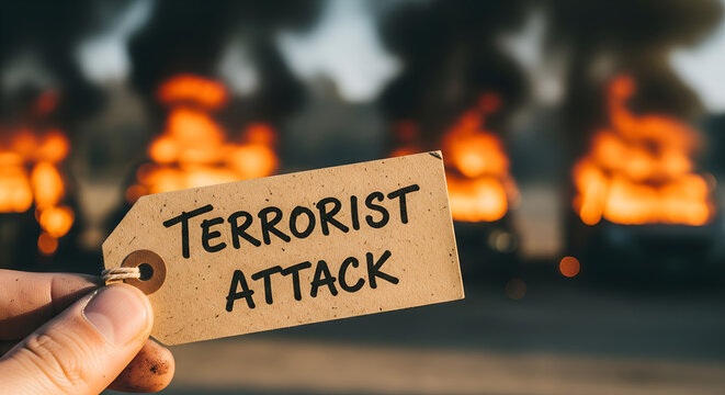 Terrorist Attack Tag: Hand Holding Warning Sign