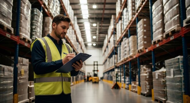 Man in reflective vest writing on a clipboard in a warehouse with shelves of products. Professional logistic worker performing an inventory check.