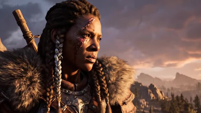 Woman warrior in battle armor stands on a rocky mountain cliff at sunset, gripping a spear with fierce determination, embodying strength, courage and epic resolve