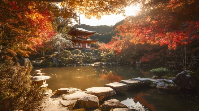 Kyoto’s Daigo-ji Temple glows serene autumn colors a tranquil Japanese landscape scene