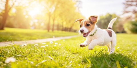 A cute small Jack Russell Terrier puppy playing happily with a ball in the green grass