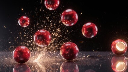 Naklejka premium Explosion of red spheres with sparks and reflections.