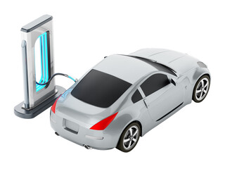 Car standing near charging station connected with a cord on transparent background. 3D illustration