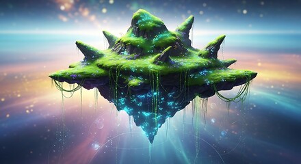 Floating magical moss island with glowing base and ethereal starry background