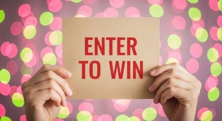 Hands hold a sign encouraging participation in a contest or giveaway