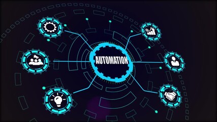 Concept of business automation and process efficiency, illustrated by an animated technological network of icons. - Powered by Adobe