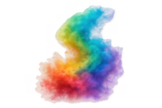 Colorful powder exploding creating an abstract rainbow smoke cloud on a transparent background