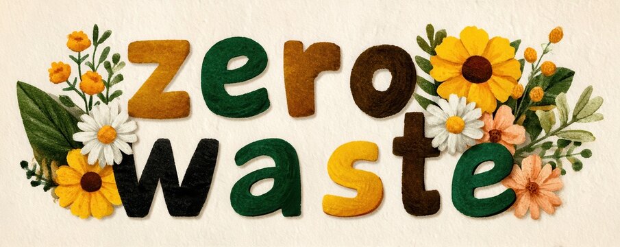 Zero waste message presented with colorful letters and flowers for sustainable living and eco branding